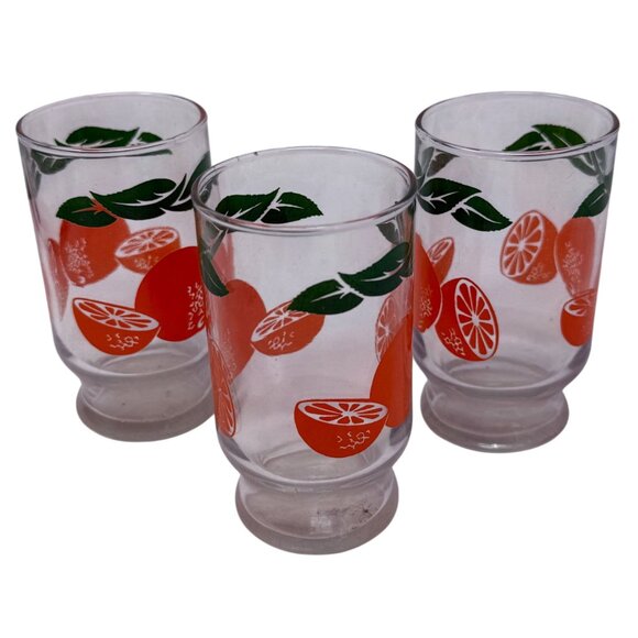 Vintage Orange Citrus Juice Glasses Green Leaf Design Set Of 3 Footed Tumblers - Picture 3 of 5